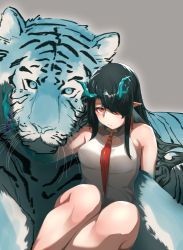 Rule 34 | 1girl, animal, arknights, bare shoulders, black hair, closed mouth, dragon girl, dress, dusk (arknights), green horns, highres, horns, looking at viewer, red eyes, red tie, simple background, solo, thighs, tiger, white dress, yamakappa