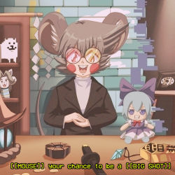 Rule 34 | 1girl, alternate hairstyle, animal ears, annoying dog, antique phone, bespectacled, bishamonten&#039;s pagoda, black jacket, blazer, blue bow, blush stickers, bow, cirno, commentary, commission, crossover, deltarune, english commentary, english text, fumo (doll), glasses, gohei, grey hair, highres, indoors, jacket, jewelry, long sleeves, looking at viewer, mini-hakkero, mouse ears, mouse girl, mouse tail, multicolor-tinted eyewear, nazrin, open mouth, own hands together, pendant, pendant removed, phone, rod of remorse, rotary phone, round eyewear, scabbard, sheath, sheathed, shop, short hair, solo, spamton g. spamton, step arts, sword, table, tail, teeth, temmie, tinted eyewear, touhou, upper body, upper teeth only, weapon, yin yang