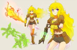 Rule 34 | 1girl, ahoge, arm cannon, blonde hair, breasts, cleavage, commentary request, ember celica (rwby), flamethrower, iesupa, navel, orange eyes, prosthesis, prosthetic arm, purple eyes, rwby, shorts, weapon, yang xiao long