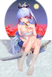 Rule 34 | 1girl, absurdres, ayaka (genshin impact), bad id, bad pixiv id, bandages, barefoot, blue eyes, blue hair, blue kimono, blunt bangs, blush, breasts, choker, cleavage, clothes down, feet, folding fan, genshin impact, hair ornament, hand fan, head tilt, high ponytail, highres, holding, holding fan, huge filesize, japanese clothes, kimono, large breasts, light blue hair, long hair, medium breasts, moon, night, night sky, open mouth, partially submerged, ponytail, reashes (xjfly j), red ribbon, ribbon, sarashi, sheath, sheathed, sidelocks, silver hair, sitting, sky, soaking feet, solo, star (sky), starry sky, sword, tassel, toes, very long hair, water, weapon, wet, wet clothes, wet hair