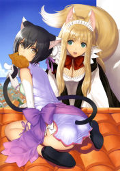 Rule 34 | 10s, 2girls, absurdres, animal ears, apron, ass, asymmetrical clothes, bent over, blonde hair, blue sky, bow, breasts, cat ears, cat tail, china dress, chinese clothes, cleavage, cleavage cutout, clothing cutout, cloud, day, dress, elbow gloves, fishnets, food, fox ears, fox tail, gloves, green eyes, highres, leg ribbon, long hair, looking at viewer, looking back, lorna (shining hearts), maid, maid apron, medium breasts, mouth hold, multiple girls, open mouth, panties, ribbon, rooftop, sega, shaomei rin, shining (series), shining hearts, short hair, side-tie panties, single elbow glove, single glove, sitting, sky, slippers, string panties, tail, tail through clothes, taiyaki, thigh ribbon, thigh strap, tony taka, underwear, wagashi, wariza, white gloves, white panties