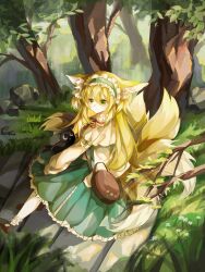 Rule 34 | 1girl, absurdres, animal ears, arknights, black cat, blonde hair, bobby socks, brown bag, brown footwear, cat, closed mouth, commentary, cross-laced clothes, cross-laced skirt, fox ears, fox girl, fox tail, frilled hairband, frilled skirt, frills, green eyes, green hairband, green skirt, hairband, highres, kitsune, kyuubi, long hair, long sleeves, luo xiaohei, luo xiaohei zhanji, multiple tails, neck ribbon, official alternate costume, outdoors, puffy long sleeves, puffy sleeves, red ribbon, ribbon, round bag, shoes, skirt, smile, socks, split mouth, suzuran (arknights), suzuran (spring praise) (arknights), tail, white socks, zaolin rinn