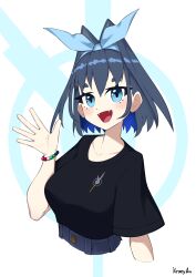 Rule 34 | 1girl, absurdres, alternate costume, artist name, black hair, black shirt, blue eyes, blue hair, blue hairband, blush, breasts, colored inner hair, commentary, cropped torso, fangs, hair intakes, hairband, hand up, headband, highres, hololive, hololive english, kraeyan, large breasts, looking at viewer, multicolored hair, open hand, open mouth, ouro kronii, shirt, short hair, short sleeves, simple background, smile, solo, symbol-only commentary, t-shirt, upper body, virtual youtuber, white background