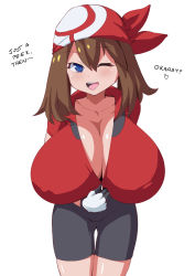 Rule 34 | 1girl, absurdres, bandana, bike shorts, black legwear, blue eyes, breasts, brown hair, cleavage, collarbone, covered erect nipples, creatures (company), game freak, gloves, highres, huge breasts, looking at viewer, may (pokemon), maydrawfag, nintendo, no bra, one eye closed, open mouth, pokemon, pokemon rse, red shirt, shirt, shorts, smile, text focus, white background, wink