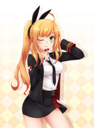 Rule 34 | 1girl, ;), ahoge, aquila corporation, arm behind back, arm behind head, blonde hair, cherry, food, fruit, green eyes, healther, highres, jacket, long hair, looking at viewer, mouth hold, necktie, one eye closed, open clothes, open jacket, original, ponytail, skirt, smile, solo, uniform