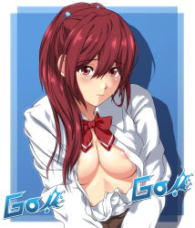 Rule 34 | 10s, 1girl, areola slip, bow, breasts, doriri, free!, hair ornament, hairpin, highres, matsuoka gou, nipples, open clothes, open shirt, ponytail, red eyes, red hair, shirt, solo