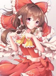 Rule 34 | 1girl, ascot, bare shoulders, blurry, blush, bow, bowtie, breasts, brown hair, closed mouth, commentary request, cowboy shot, depth of field, detached sleeves, finger heart, floating hair, frills, grey background, hair bow, hair intakes, hair tubes, hakurei reimu, highres, long hair, looking at viewer, medium breasts, midriff, navel, pink eyes, red bow, red skirt, red vest, simple background, skirt, smile, solo, touhou, vest, yellow bow, yellow neckwear, yuyu hane