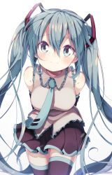 Rule 34 | 1girl, absurdres, aizaki utau, arms behind back, bare shoulders, black skirt, black thighhighs, blue eyes, blue hair, blue necktie, blush, breasts, closed mouth, collared shirt, commentary, cowboy shot, detached sleeves, grey shirt, hair between eyes, hatsune miku, highres, leaning forward, long hair, looking at viewer, medium breasts, miniskirt, necktie, pleated skirt, shirt, simple background, skirt, sleeveless, sleeveless shirt, smile, solo, thighhighs, twintails, very long hair, vocaloid, white background, wing collar