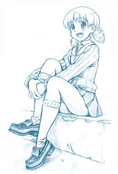 Rule 34 | 1girl, :d, aki (girls und panzer), bbb (friskuser), blue theme, dress shirt, girls und panzer, hair tie, highres, hugging own legs, keizoku school uniform, knee up, loafers, long sleeves, looking at viewer, low twintails, miniskirt, monochrome, open mouth, panties, pantyshot, pleated skirt, school uniform, shirt, shoes, short hair, short twintails, sitting, skirt, smile, socks, solo, stairs, striped clothes, striped shirt, twintails, underwear, vertical-striped clothes, vertical-striped shirt, wing collar