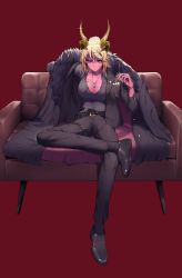 Rule 34 | 1girl, absurdres, alternate costume, belt, black coat, black footwear, black pants, black shirt, blonde hair, breasts, cigarette, cleavage, coat, collar, colored skin, couch, dark magician beth, demon girl, earrings, fun shalam, guardian tales, highres, holding, holding cigarette, horns, jacket, jewelry, large breasts, looking at viewer, medium hair, necklace, open clothes, open shirt, pants, purple skin, scar, shirt, sitting, solo