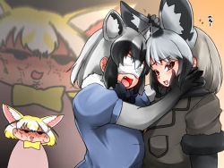 Rule 34 | 3girls, anger vein, angry, animal ears, bat-eared fox (kemono friends), black hair, blindfold, blonde hair, bow, bowtie, chibi, commentary request, common raccoon (kemono friends), covered eyes, elbow gloves, extra ears, facing another, fang, fennec (kemono friends), flustered, flying sweatdrops, fox ears, fur-trimmed sleeves, fur collar, fur trim, furrowed brow, gloves, grey hair, hand on own face, isna (footprintsofisna), kemono friends, looking at viewer, medium hair, multicolored hair, multiple girls, open mouth, raccoon ears, shaded face, short-sleeved sweater, short sleeves, sidelocks, smile, sweater, upper body, white hair