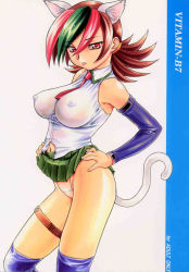 Rule 34 | 1990s (style), 1girl, animal ears, betterman, blue thighhighs, breasts, brown hair, cat ears, cat girl, cat tail, clothes lift, cover, covered erect nipples, detached sleeves, female focus, green hair, jpeg artifacts, large breasts, multicolored hair, navel, necktie, nishitsuki tsutomu, panties, pink hair, pink panties, red eyes, retro artstyle, sai hinoki, see-through, short hair, skirt, skirt lift, solo, tail, thigh strap, thighhighs, underwear