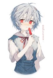 Rule 34 | 1girl, ayanami rei, bad id, bad pixiv id, blue hair, blue skirt, blush, closed mouth, commentary, deep (deep4946), english commentary, food, highres, holding, holding food, looking at viewer, mixed-language commentary, neck ribbon, neon genesis evangelion, no pupils, popsicle, red eyes, red ribbon, ribbon, sailor collar, school uniform, shirt, short hair, short sleeves, simple background, skirt, solo, suspender skirt, suspenders, sweat, tearing up, tears, tokyo-3 middle school uniform, translation request, upper body, white background, white sailor collar, white shirt