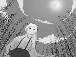 Rule 34 | 1girl, bamboo, bamboo forest, bow, cloud, forest, from below, fujiwara no mokou, full moon, greyscale, hair bow, hands in pockets, long hair, monochrome, moon, nature, pants, shirt, short sleeves, sky, solo, star (sky), star (symbol), suspenders, touhou, tuck (tuck23978434), very long hair, white shirt