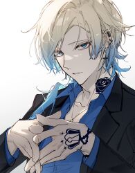 Rule 34 | 1boy, black jacket, blonde hair, blue eyes, blue hair, blue lock, blue shirt, collarbone, collared shirt, ear piercing, earrings, flower tattoo, gradient hair, hand tattoo, hands up, highres, jacket, jewelry, long hair, long sleeves, looking at viewer, male focus, michael kaiser, multicolored hair, neck tattoo, necklace, parted lips, partially unbuttoned, piercing, shark (theelegantshark), shirt, simple background, solo, tattoo, tsurime, two-tone hair, upper body, white background