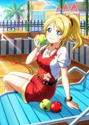 Rule 34 | 1girl, apple, artist request, ayase eli, bare legs, belt, blonde hair, blue eyes, blush, breasts, brown belt, buttons, collarbone, cowboy shot, female focus, food, fruit, hair between eyes, hair ornament, hair scrunchie, long hair, looking at viewer, love live!, love live! school idol festival, love live! school idol project, medium breasts, pants, parted lips, ponytail, red pants, red scrunchie, red wristband, scrunchie, shirt, solo, white shirt, wrist cuffs