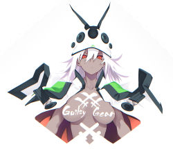 Rule 34 | 10mo, 1girl, absurdres, body writing, breasts, copyright name, dark-skinned female, dark skin, guilty gear, guilty gear xrd, hair between eyes, hat, highres, looking at viewer, no nipples, ramlethal valentine, red eyes, short hair, simple background, solo, white background, white hair