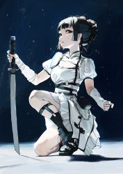 Rule 34 | 1girl, absurdres, arm warmers, black eyes, black footwear, black hair, black socks, blunt bangs, breasts, chain, cleavage, cleavage cutout, closed mouth, clothing cutout, commentary, dress, english commentary, full body, hair bun, highres, holding, holding sword, holding weapon, ikky, medium breasts, on one knee, original, puffy short sleeves, puffy sleeves, short sleeves, simple background, single hair bun, socks, solo, sword, weapon, white dress