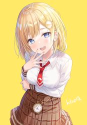 Rule 34 | 1girl, :d, arm under breasts, artist name, blonde hair, blue eyes, blush, breasts, brown skirt, collared shirt, commentary, dress shirt, english commentary, eyebrows hidden by hair, hair ornament, hand up, highres, hitsukuya, hololive, hololive english, looking at viewer, medium breasts, nail polish, necktie, open mouth, pink nails, plaid, plaid skirt, pleated skirt, pocket watch, red necktie, shirt, short necktie, signature, simple background, skirt, smile, solo, teeth, upper teeth only, virtual youtuber, watch, watson amelia, watson amelia (1st costume), white shirt, yellow background