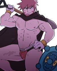 Rule 34 | 1boy, abs, absurdres, alolan boy, artist name, bad id, bad twitter id, bare pectorals, briefs, bronzor, brown cloak, bulge, byron (pokemon), cloak, closed mouth, commentary, creatures (company), english commentary, facial hair, game freak, gen 4 pokemon, gloves, gym leader, hair between eyes, hand on own hip, hand up, highres, holding, holding shovel, leg up, looking at viewer, male focus, male underwear, navel, nintendo, nipples, orange male underwear, pectorals, pokemon, pokemon (creature), pokemon dppt, red hair, shovel, simple background, smile, spiked hair, thighs, topless male, underwear, white background, white gloves
