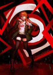 Rule 34 | 10s, 1girl, bad id, bad pixiv id, boots, character name, cross-laced footwear, glasses, headphones, highres, jacket, k (sktchblg), lace-up boots, long hair, looking at viewer, orange hair, persona, persona 5, sakura futaba, shirt, short shorts, shorts, smile, solo, thighhighs