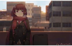 Rule 34 | 1girl, artist name, black coat, black jacket, blush, breasts, breath, cityscape, coat, day, girls&#039; frontline, hair ribbon, hands in pockets, hentaki, jacket, large breasts, long hair, official alternate costume, one side up, open clothes, open coat, open mouth, outdoors, purple hair, red eyes, red neckwear, red scarf, ribbon, scarf, scenery, shirt, solo, very long hair, wa2000 (date in the snow) (girls&#039; frontline), wa2000 (girls&#039; frontline), weapon bag, white shirt