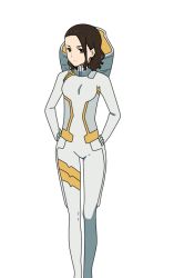 Rule 34 | 10s, 1girl, brown hair, darling in the franxx, formal, gold trim, hands on own hips, naomi (darling in the franxx), parasite, solo, standing, suit, transparent background, yellow eyes