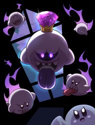 Rule 34 | black eyes, blue eyes, blush stickers, boo (mario), commentary request, copy ability, crown, dark, gem, ghost, ghost kirby, glowing, glowing eyes, highres, king boo, kirby, kirby (series), looking at viewer, luigi&#039;s mansion, mario (series), nintendo, no humans, odd one out, open mouth, poyo party, purple eyes, shaded face, sharp teeth, smile, teeth, tongue, tongue out, window