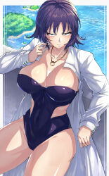 Rule 34 | 1girl, border, breasts, brown eyes, cleavage, clothing cutout, collarbone, covered navel, creatures (company), game freak, twirling hair, highleg, highleg swimsuit, highres, island, jewelry, lab coat, large breasts, leaning on object, looking at viewer, medium hair, necklace, nintendo, one-piece swimsuit, philena ivy, pokemon, pokemon (anime), pokemon (classic anime), purple hair, purple one-piece swimsuit, ring, ring necklace, shimure (460), side cutout, smile, solo, strapless, strapless one-piece swimsuit, swimsuit, thick thighs, thighs, water, white border