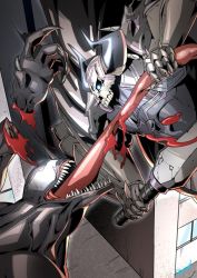 Rule 34 | 2boys, armor, black cloak, blood, building, cloak, commentary request, crossover, dismemberment, eiri (eirri), fate/grand order, fate (series), glowing, glowing eyes, horns, king hassan (fate), klyntar, long tongue, marvel, mask, multiple boys, open mouth, sharp teeth, skull, skull mask, spider-man (series), spikes, sword, symbiote, teeth, tongue, tongue out, venom (marvel), weapon