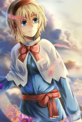 Rule 34 | 1girl, alice margatroid, blonde hair, blue dress, blue eyes, bow, capelet, cloud, dress, feathers, hairband, hou akira, red bow, red ribbon, ribbon, sash, short hair, smile, solo, touhou