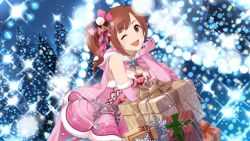 Rule 34 | 10s, 1girl, ;d, artist request, bare shoulders, bow, box, breasts, brooch, brown eyes, brown hair, cape, head rest, christmas, christmas ornaments, cleavage, dress, elbow gloves, frills, fur, fur collar, fur trim, gift, gift box, gloves, hair ornament, hair ribbon, highres, holly, idolmaster, idolmaster cinderella girls, idolmaster cinderella girls starlight stage, igarashi kyoko, jewelry, jpeg artifacts, light particles, lights, long hair, looking at viewer, miniskirt, official art, one eye closed, open mouth, pendant, pink gloves, pink ribbon, pink skirt, ponytail, red ribbon, ribbon, short dress, side ponytail, skirt, sleeveless, smile, snowflakes, solo, sparkle