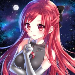 Rule 34 | 1girl, :d, artist name, black bow, blush, bow, breasts, crescent, elbow gloves, full moon, glint, gloves, grey gloves, hair bow, index finger raised, jewelry, lips, long hair, looking at viewer, moon, nami (nyaa), necklace, night, night sky, open mouth, original, outdoors, parted lips, pendant, red eyes, red hair, skin tight, sky, sleeveless, smile, solo, sparkle, star (sky), starry sky, tareme, taut clothes, teeth, upper body, very long hair