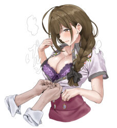 Rule 34 | 1boy, 1girl, ahoge, blush, bra, braid, braided ponytail, breasts, brown eyes, brown hair, cleavage, collarbone, hair over shoulder, hair ribbon, hamedoragon, huge ahoge, idolmaster, idolmaster shiny colors, kuwayama chiyuki, lace, lace-trimmed bra, lace trim, large breasts, long braid, long hair, looking down, open clothes, open mouth, open shirt, partially unbuttoned, purple bra, red skirt, ribbon, shirt, short sleeves, single braid, skirt, solo focus, sweat, unbuttoned, unbuttoned shirt, underwear, white shirt, wing collar