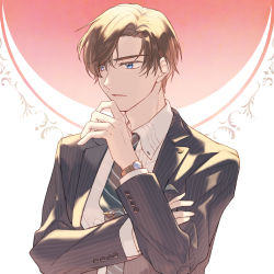 Rule 34 | 1boy, artem wing (tears of themis), black jacket, black necktie, blue eyes, brown hair, formal, hand on own chin, highres, jacket, koeda (k83 4), long sleeves, necktie, open clothes, open jacket, open mouth, polo shirt, shirt, short hair, simple background, solo, tears of themis, watch, white background, white shirt