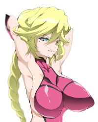 Rule 34 | 1girl, aged up, armpits, arms behind head, arms up, blonde hair, blush, braid, braided ponytail, breasts, carol malus dienheim, clothing cutout, covered erect nipples, green eyes, highres, large breasts, long hair, mole, mole under eye, ohako, senki zesshou symphogear, shiny clothes, shiny skin, side cutout, sideless outfit, simple background, solo, white background