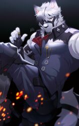 Rule 34 | 1boy, animal ears, bara, black pants, black vest, eyepatch, fingerless gloves, furry, furry male, gloves, gradient background, hachi duchi, highres, male focus, one eye covered, pants, red eyes, shirt, sparks, tail, vest, von lycaon, white shirt, wolf boy, wolf ears, wolf tail, zenless zone zero