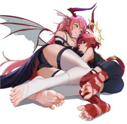 Rule 34 | 2girls, barefoot, black panties, chaos (dungeon and fighter), demon girl, demon horns, demon wings, dungeon and fighter, feet, foreshortening, horns, knight (dungeon and fighter), long hair, looking at viewer, mage (dungeon and fighter), multiple girls, panties, pink hair, pointy ears, qingjiao rou si, red hair, red thighhighs, short hair, soles, summoner (dungeon and fighter), thighhighs, torn, torn clothes, underwear, white thighhighs, wings, yuri
