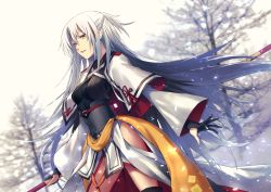 Rule 34 | 1girl, applekun, black gloves, black thighhighs, blurry, blurry background, bustier, capelet, dutch angle, fate/grand order, fate (series), floating hair, from below, gloves, hair between eyes, hair ornament, holding, japanese clothes, kimono, long hair, long sleeves, nagao kagetora (fate), outdoors, outstretched arms, outstretched hand, red ribbon, ribbon, silver hair, solo, standing, thighhighs, very long hair, white capelet, white kimono, yellow eyes