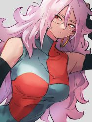 Rule 34 | 1girl, android 21, breasts, checkered clothes, checkered dress, colored skin, dragon ball, dragon ball fighterz, dress, glasses, grey background, kemachiku, long hair, majin android 21, medium breasts, pink hair, pink skin, simple background, solo, upper body