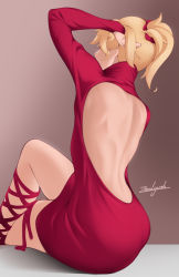 1girl arm_up ass back backless_dress backless_outfit blonde_hair brown_background crossed_legs dress fate/grand_order fate_(series) from_behind gradient_background hand_in_own_hair highres leg_ribbon long_sleeves mordred_(fate) mordred_(fate/apocrypha) red_dress red_ribbon ribbon short_hair short_ponytail signature sitting solo turtleneck turtleneck_dress zealyush