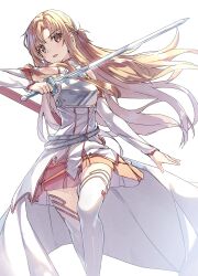 Rule 34 | 1girl, armor, asuna (sao), bare shoulders, breasts, brown eyes, brown hair, highres, holding, holding sword, holding weapon, long hair, looking at viewer, medium breasts, open mouth, orange skirt, parted lips, pleated skirt, shiro youduki, skirt, solo, sword, sword art online, thighhighs, weapon, white background, white thighhighs, zettai ryouiki