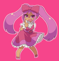 Rule 34 | 1girl, blush, bow, chibi, chibi only, dark-skinned female, dark skin, doroidsan, dress, full body, hair bow, highres, index finger raised, long hair, looking at viewer, omori, open mouth, pink background, pink bow, pink dress, pink eyes, pink footwear, pink hair, polka dot, polka dot bow, simple background, smile, solo, sweetheart (omori), twintails