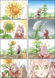 Rule 34 | 1girl, 4koma, :d, ^ ^, afterimage, animal, animal ear fluff, animal ears, arms up, bear, bird, black socks, blue sky, bluebird, blush, boots, brown eyes, capelet, closed eyes, comic, day, eighth note, fang, flower, flying sweatdrops, fox, hair between eyes, hair flower, hair ornament, hair ribbon, holding, holding umbrella, holding watering can, hood, hood down, hood up, hooded capelet, kneehighs, multiple 4koma, musical note, open mouth, original, outdoors, pink flower, pink hair, rabbit, rain, red capelet, red footwear, red ribbon, ribbon, silent comic, sky, smile, socks, sparkle, squirrel, standing, sunflower, tail, tail wagging, transparent, transparent umbrella, umbrella, wataame27, watering can, wolf-chan (wataame27), wolf ears, wolf girl, wolf tail, yellow flower