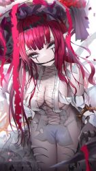 Rule 34 | 1girl, absurdres, bare shoulders, bracelet, breasts, cross-laced clothes, detached sleeves, dress, earrings, facial mark, baobhan sith (fate), baobhan sith (third ascension) (fate), fangs, fate/grand order, fate (series), flower, gag, grey eyes, hairband, highres, jewelry, kayjae, large breasts, large hat, long hair, looking at viewer, navel, open mouth, panties, pink hair, pointy ears, revealing clothes, rose, short dress, sidelocks, thighs, underwear, white dress, white headwear, white panties