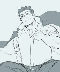 Rule 34 | 1boy, bara, belt, feet out of frame, greyscale, head tilt, itto (mentaiko), jacket, jacket on shoulders, looking at viewer, male focus, protagonist 3 (housamo), monochrome, muscular, muscular male, partially unbuttoned, short hair, sideburns, sketch, smile, solo, tokyo houkago summoners, undressing, unfinished