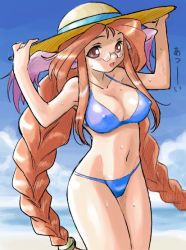 Rule 34 | 1girl, animal ears, beach, blush, braid, breasts, breath of fire, breath of fire iii, cloud, day, dr.p, covered erect nipples, glasses, hat, large breasts, long hair, momo (breath of fire), ocean, orange hair, red hair, smile, solo, source request, swimsuit, twintails