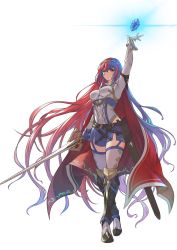 Rule 34 | 1girl, alear (female) (fire emblem), alear (fire emblem), amiba (nerdamiba), armor, blue eyes, blue hair, breasts, cape, dragonstone, fire emblem, fire emblem engage, full body, gloves, highres, holding, holding sword, holding weapon, long hair, looking at viewer, medium breasts, multicolored hair, nintendo, red eyes, red hair, scabbard, sheath, solo, standing, sword, thigh strap, thighs, tiara, two-tone hair, very long hair, weapon