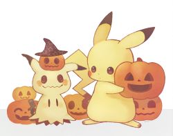 Rule 34 | ayu (mog), black hat, blush stickers, creatures (company), full body, game freak, gen 1 pokemon, gen 7 pokemon, halloween, hat, holding, jack-o&#039;-lantern, looking at another, mimikyu, nintendo, no humans, object on head, pikachu, pokemon, pokemon (creature), pokemon sm, pumpkin, simple background, standing, star (symbol), star print, white background, witch hat