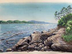 Rule 34 | blue sky, day, doremifa84, highres, lake, mountain, mountainous horizon, no humans, original, painting (medium), plant, reflection, reflective water, rock, shadow, shore, sky, sunlight, traditional media, water, waving